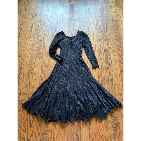 --SOLD--Vintage 90s Black Lace Bias Twirl Dress Whimsy Goth Shabby Chic Gypsy - Picture 5 of 11